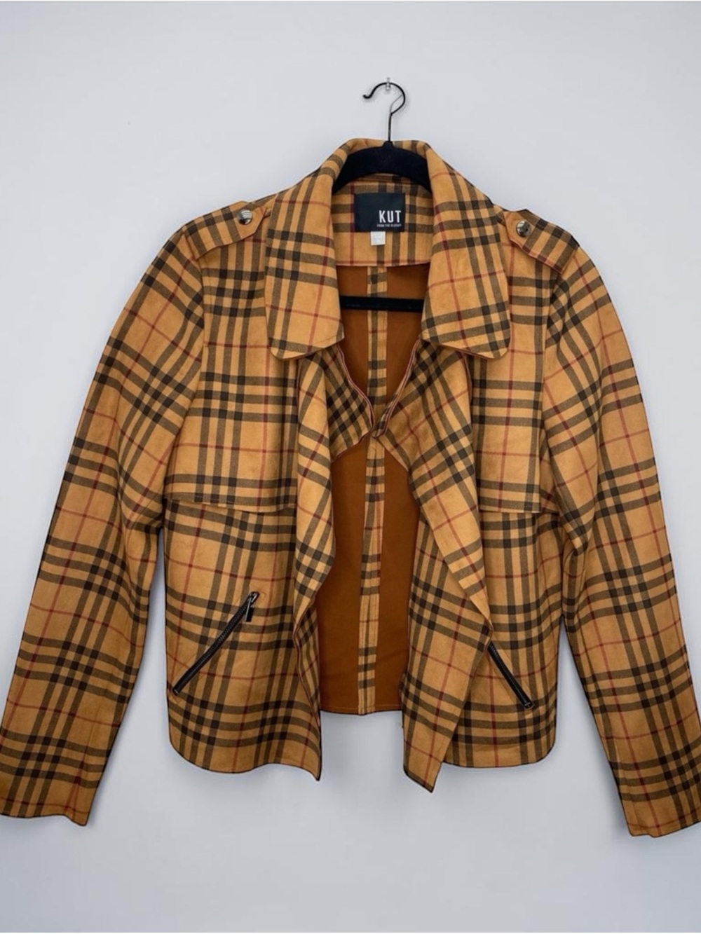 KUT From The Kloth Jacket Womens Medium Whiskey Plaid Draped Moto Faux Suede
